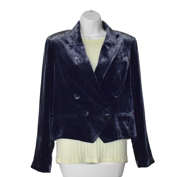 C0 Auth LAGENCE Ink Blue Velvet Double Breasted Cropped Jacket Blazer Size 6 - Picture 1 of 8